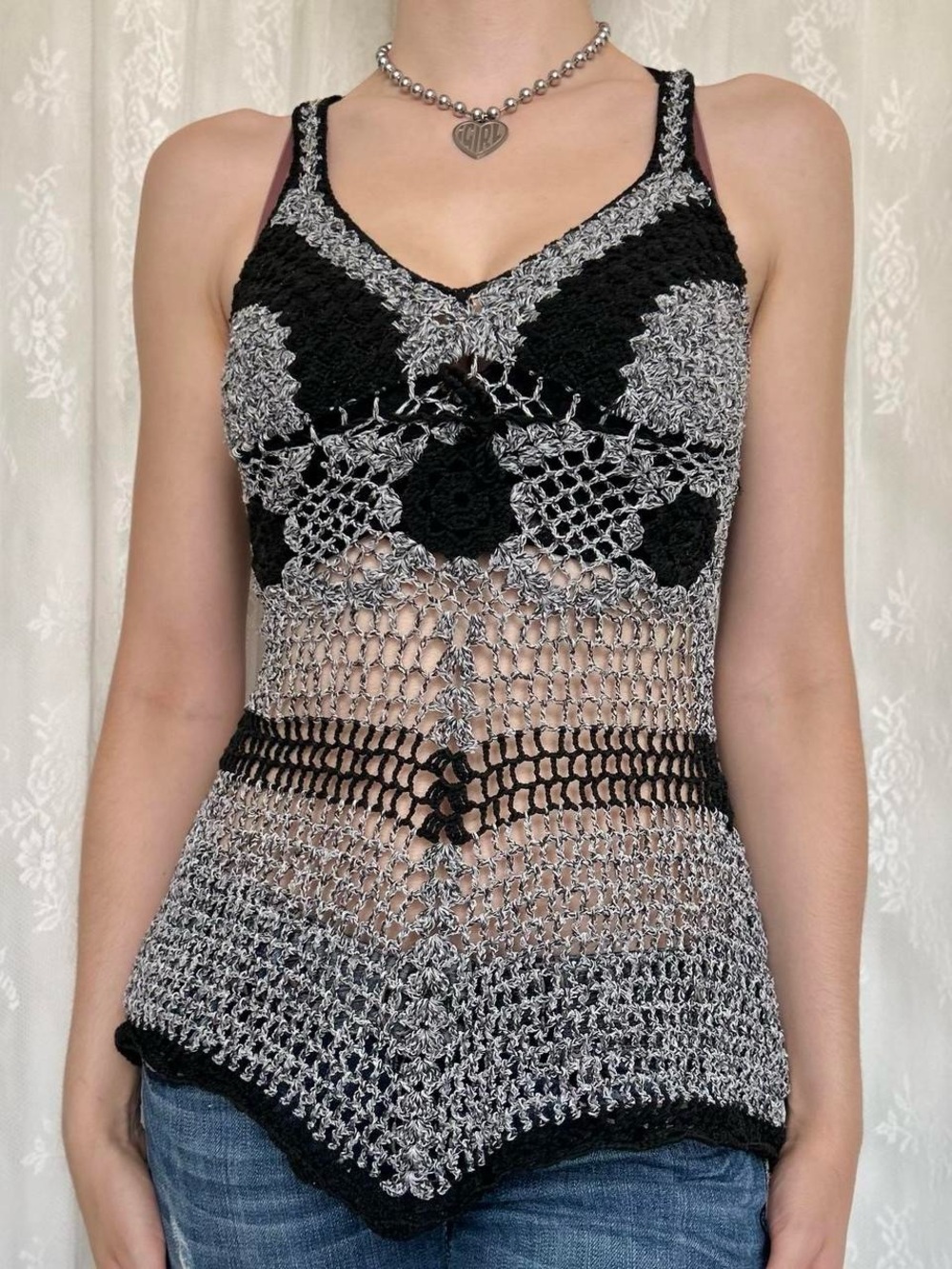 Whimsygoth Black & Grey Crochet Cami